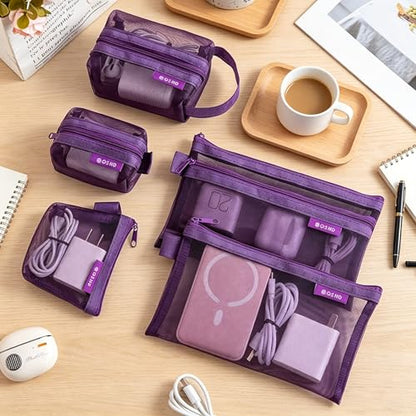 6 Pieces Purple Mesh Travel Organizer Pouch Set,Multi-Size Zippered Storage Bags, Portable Electronics Cable Cosmetic Case for Adults,Breathable Mesh