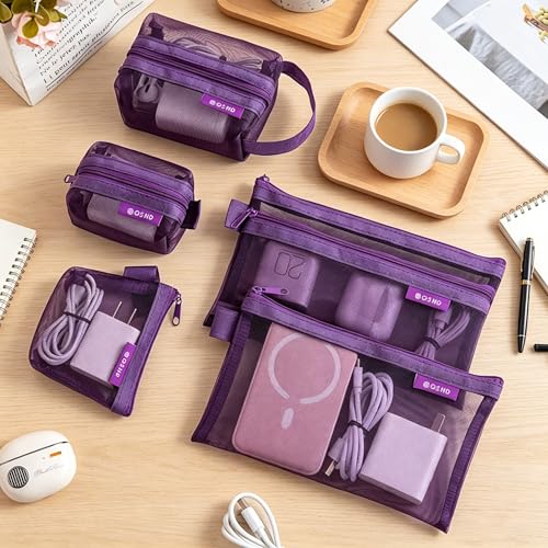 6 Pieces Purple Mesh Travel Organizer Pouch Set,Multi-Size Zippered Storage Bags, Portable Electronics Cable Cosmetic Case for Adults,Breathable Mesh