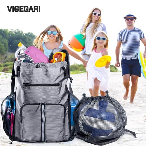 Large Beach Backpack w/Shoe Compartment &Detachable Ball Mesh Bag - color: Grey
