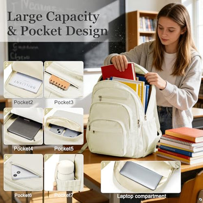 College Backpack For Women Men,Lightweight High School Bag,School Backpack With Lots Of Pockets,Cute Bookbag For Teens Boys Girls,Casual Daypack Backpack For School(Beige) - color: A2-white