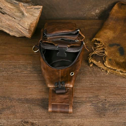 Le'aokuu Men Fashion Casual Tea Designer Travel Hiking Crossbody Chest Sling Bag Rig One Shoulder Strap Bag Men Leather 8015 | Fashion - color: C Dark Brown