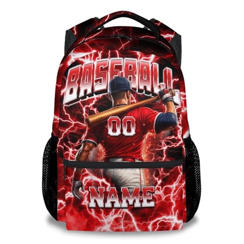 UNIKITTY Baseball Backpack for Boys Personalized Kids School Bag with Name - 17 Inch Custom Sports Bookbag for Youth Little Boys Elementary Middle School Students - color: Red