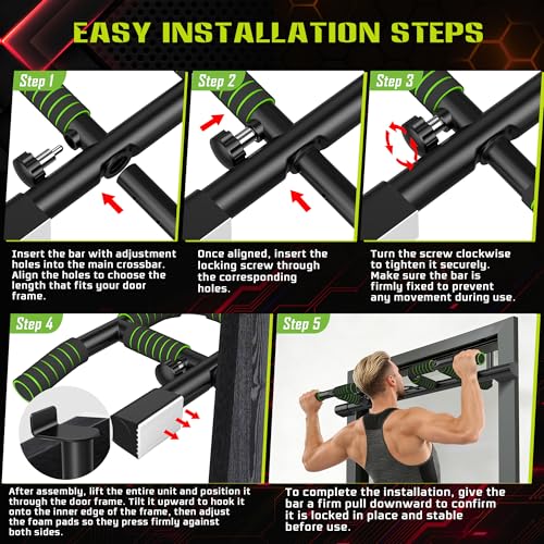Pull Up Bar for Doorway Upgrade Multi-Grip Pullup Door Strength Training Pull-Up Bars Frame Chin Hanging Exercise Home Doorframe Dead Hang Without Screws Over the at Indoor No Way, Up To 440 Lbs