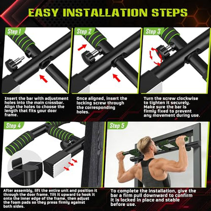 Pull Up Bar for Doorway Upgrade Multi-Grip Pullup Door Strength Training Pull-Up Bars Frame Chin Hanging Exercise Home Doorframe Dead Hang Without Screws Over the at Indoor No Way, Up To 440 Lbs