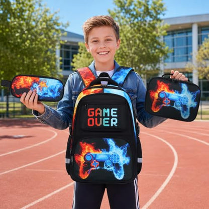 Scothen 3PCS Boys Backpack Set, Cool Backpack for Boys with Lunch Bag & Pencil Case, Kids School Bag Teen Boy Bookbag for Kindergarten Elementary Middle School with USB Charging Port - color: Red & Blue Flame