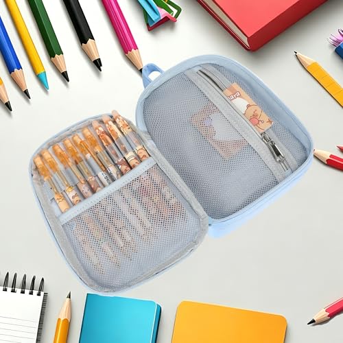 Large Capacity Kids Backpack Pencil Case Pen Bag with Clear Pocket, Cute Kawaii Pen Pouch Organizer with Adjustable Strap & Plush Doll Keychain for School Girls Boys (Blue) - color: Blue