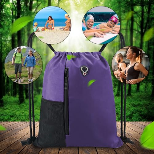 BeeGreen Dark Purple Drawstring Backpack Gym Bag For Men & Women – Sports Sackpack with Mesh Water Bottle Holder & 2 Zippered Pockets – Large 16x20 Inch Cinch String Backpack - color: Dark Purple, style: Drawstring With Mesh Pocket