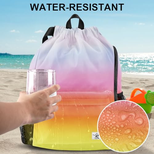 Drawstring Backpack with Mesh Pockets String Gym Bag Sackpack Sandproof Water Resistant Beach Backpack for Men Women - color: Gradient Rainbow