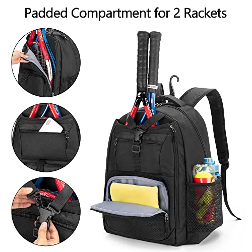 DSLEAF Tennis Bag for Men/Women to Hold 2 Rackets, Tennis Backpack with Separate Shoe Space for Tennis Sport - color: Black