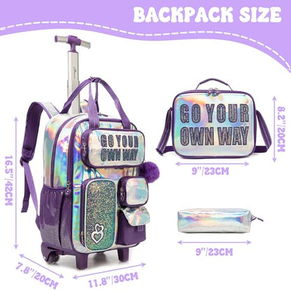 Kids Rolling Backpack with Wheels for Elementary Students Kids Travel Luggage Carry on School Backpack for Girls Ages 6-8 - color: A Purple