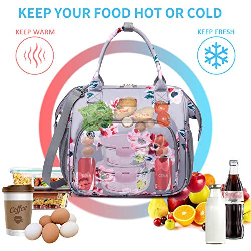 MCBD Lunch bags Insulated Lunch Box for Women Men,2 Carrying Way Large Tote Bag,Leakproof Reusable Cooler Backpack with Adjustable Shoulder Strap for Office Picnic Beach - color: B-Gray flower