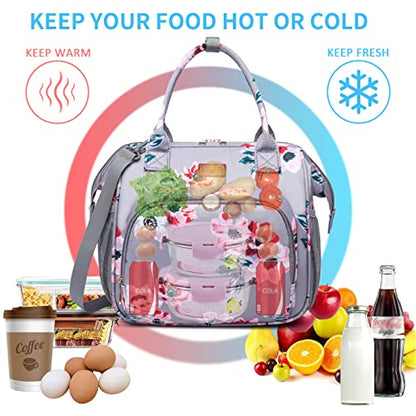 MCBD Lunch bags Insulated Lunch Box for Women Men,2 Carrying Way Large Tote Bag,Leakproof Reusable Cooler Backpack with Adjustable Shoulder Strap for Office Picnic Beach - color: B-Gray flower