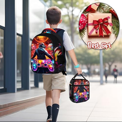 Boys Backpack with Lunch Box and Pencil Case, 3Pcs Gamer Backpack for Boys Teens, 17 Inch Large Capacity - color: GAME-YLWJ-7