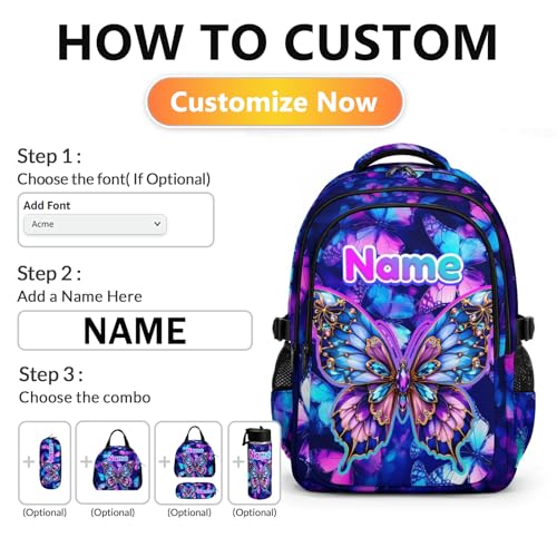 Backpack for School Custom Butterfly Backpacks for Kids Back to School, 17 Inch Glitter Bookbag with Name for Travel Picnic - color: Purple2