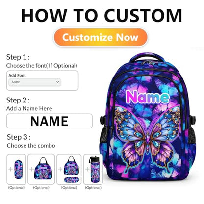 Backpack for School Custom Butterfly Backpacks for Kids Back to School, 17 Inch Glitter Bookbag with Name for Travel Picnic - color: Purple2