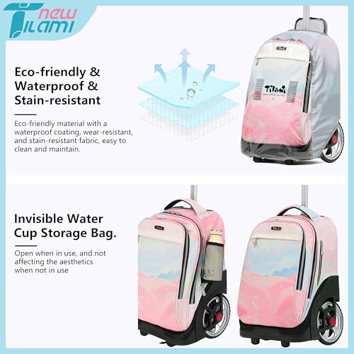 NEW TILAMI 19 Inch Rolling Backpack with Lunch Bag for Girls Boys Wheeled Laptop Backpack Durable Carry-on Bag School Travel, Pink - color: Pink