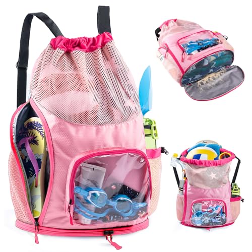 Mesh Drawstring Backpack with Shoe Compartment, Sandproof Beach Swim Bag with Wet Pocket, Pool Gym Shower Bag for Travel Summer Camp - color: Pink, style: Style a
