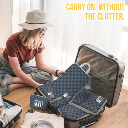 8 Set Compression Packing Cubes for Travel, Lightweight Dual Zipper Packing Cubes, Space-Saving Suitcase Organizer for Travel/Business Trip/Family Vacation (Blue-Gray Checkered) - color: 8 Set Blue-Gray Checkered