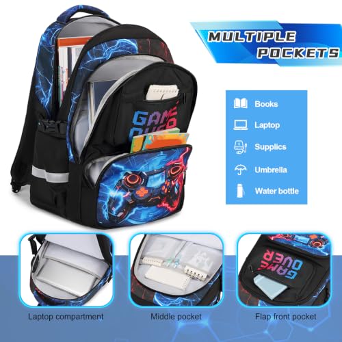 Scothen 3PCS Boys Backpack Set, Cool Backpack for Boys with Lunch Bag & Pencil Case, Kids School Bag Teen Boy Bookbag for Kindergarten Elementary Middle School with USB Charging Port - color: Red & Blue Lightning