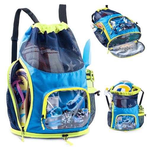 Mesh Drawstring Backpack with Shoe Compartment, Sandproof Beach Swim Bag with Wet Pocket, Pool Gym Shower Bag for Travel Summer Camp - color: Blue - Neon Yellow, style: Style a
