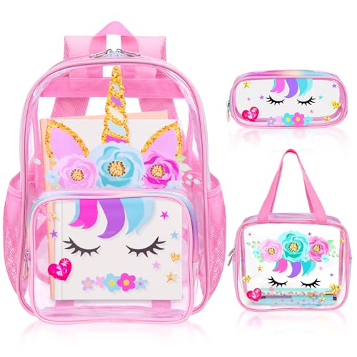 SHPMXUPW 3PCS Clear School Backpack for Kids - Unicorn Backpack for Girls 4-8, Heavy Duty Transparent Pink Bookbag with Lunch Bag and Pencil Case - See Through PVC Transparent Bookbag - color: Pink-unicorn