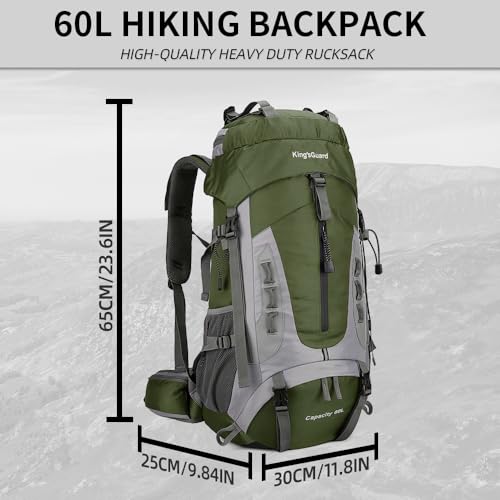 King'sGuard 60L Hiking Backpack for Men and Women Lightweight Camping Hiking Backpack with Rain Cover Large Waterproof Travel Backpack Backpacking Pack (Army Green) - color: Army Green