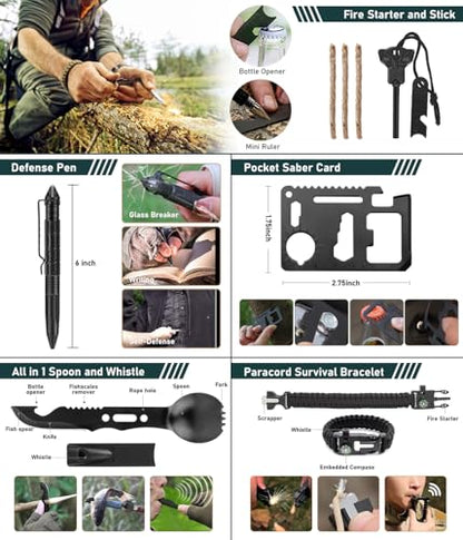 Survival Kit, 262Pcs Survival Gear and Supplies with First Aid Kit Pouch and Crossbody Bag, Emergency Kit with Tent, Camping Axe Hammer, Survival Shovel w/Pick, Bug Out Bag Gifts for Men Women - color: Brown