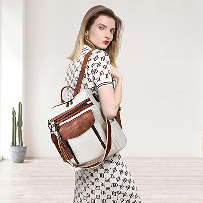 Shrrie Backpack Purse for Women Fashion Leather Backpack Purse Designer Travel Backpack Convertible Shoulder Bag with Wristlet - color: 1-7 Beige With Brown