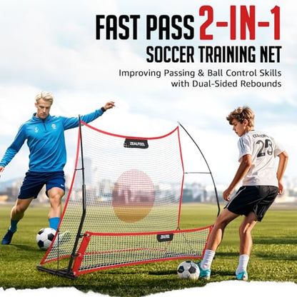 ZEALFEEL Soccer Rebounder, 2-in-1 Soccer Rebound Net, 6'x4.7' Large Net & 6'x16" Small Net, Soccer Bounce Back Net Practice for Team Volley Passing Solo Training, Football Trainer with Carry Bag Cones