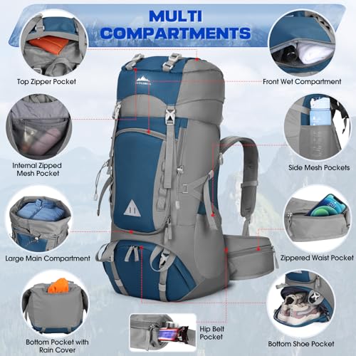 IGOLUMON 60L Hiking Backpack Waterproof Camping Backpack with Rain Cover Large Lightweight Backpacking Backpack for Men Women - color: Blue