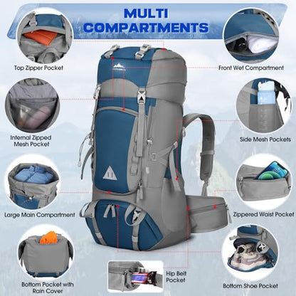 IGOLUMON 60L Hiking Backpack Waterproof Camping Backpack with Rain Cover Large Lightweight Backpacking Backpack for Men Women - color: Blue