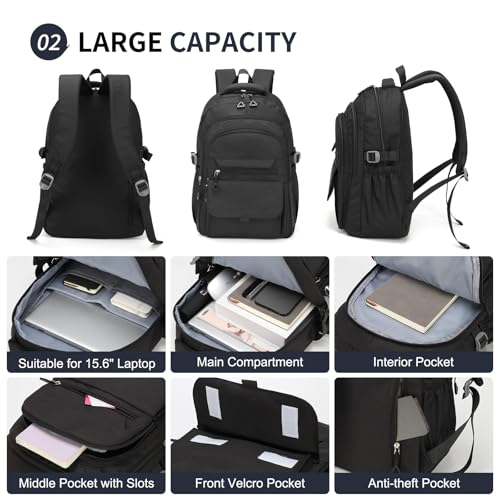 Aesthetic Daypack Backpack, Water-Resistant 15.6" Laptop Backpack for Women and Men, Featuring Touch-Fastener and Anti-Theft Pockets (Black) - color: Black