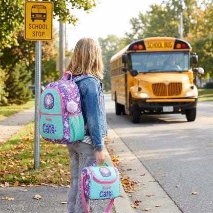 Girls School Backpack for Kids Ages 6-8,Backpack for Girls Cute Cat Lightweight Bookbag Perfect Back to School Gift for Kids with Lunch Box Pencil Case - color: Purple Blue Cat