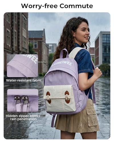 Lightweight Travel Backpack for Women, School Backpack for Teen Girls & Boys, Water-repellent Taslon Fabric, Stylish Casual Daypack for College Everyday Use, Fits 14" Laptop, Purple & Beige - color: Purple & Beige