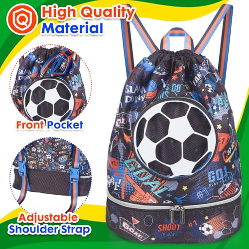 Drawstring Backpack for Kids Girls, Cute Cartoon Football Waterproof Drawstring Bag String Swim Gym Sports Beach Bag with Shoes Compartment and Wet Proof Pocket - color: J08. Soccer
