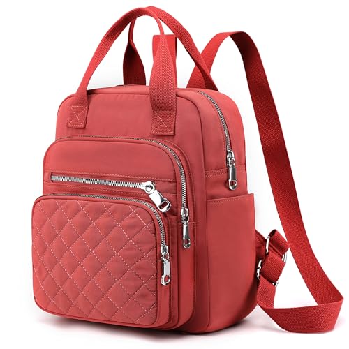 Small Backpack for Women Casual Quilted Square Bag Waterproof Multi Pockets Daypack Lightweight Top Handle Satchel - color: Orange Red