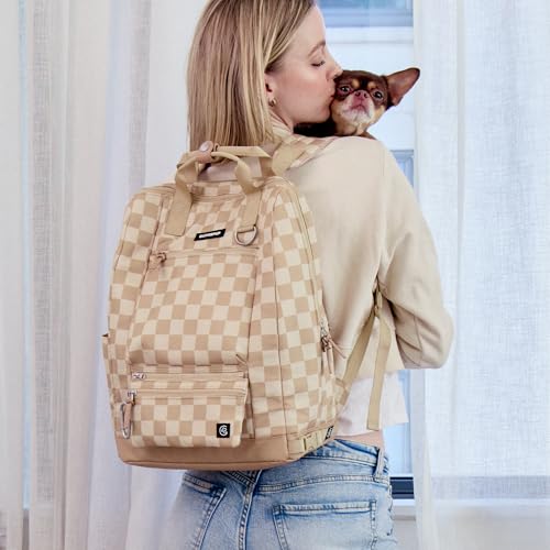 Cleverpup Porter 2-in-1 Dog Gear Backpack – Premium Dog Travel Bag with 10 Pockets, Zip-Off Treat Pouch, Leash Clip, Waterproof Pockets & Water Bottle Holder – Weekend, Hiking, Camping, Checkerboard - color: Tan Checkerboard