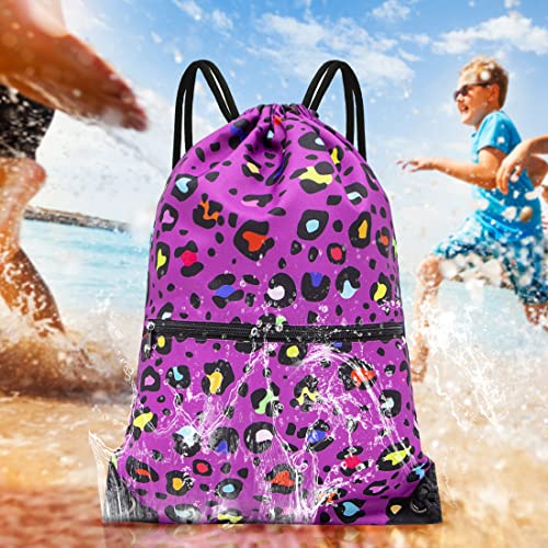 HOLYLUCK Drawstring Backpack Bag Sport Gym Sackpack - color: Colorful Purple Leopard