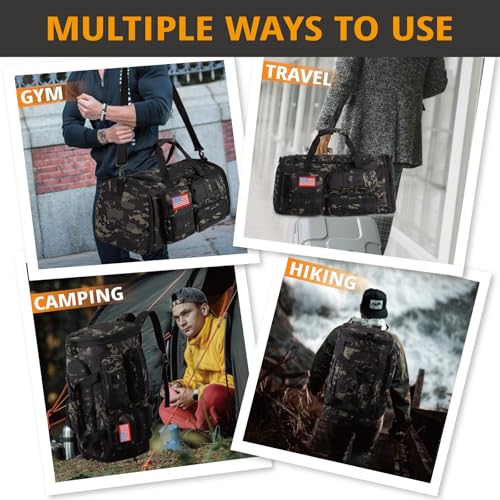 Expandable Gym Bag For Men,Tactical Large 3 in 1 Sports Duffle Bag With Shoes Compartment,Water Resistant Sports Gym Tote Bags Multi-functional Weekend Travel Backpack Overnight Bag - color: Camo Black