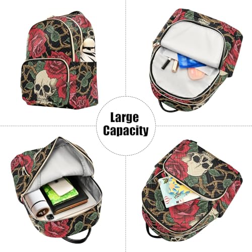 susiyo Gothic Rose Skull Print Backpack for Women Red Black Gold 14L Bag Romantic Halloween Ladies Backpacks Travel Casual Daypack - color: Red Black Gold, size: Medium