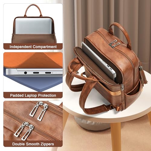 Shrrie Laptop Backpack for Women 15.6 inch Travel Leather Backpack Purse Work Computer Backpacks for Business College Brown - color: Brown
