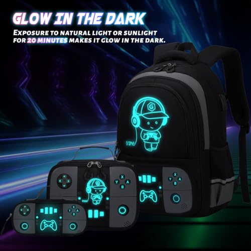 Bevalsa Backpack for School Boys, Cool Luminous Gamer Boys Schoolbag with Lunch Box & Pencil Case Set for Kids Teens Elementary Middle School, Bookbag Glow In The Dark(Black Backpack) - color: Black, style: Backpack