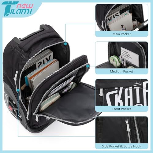 NEW TILAMI 19 Inch Rolling Backpack with Lunch Bag for Girls Boys Wheeled Laptop Backpack Durable Carry-on Bag School Travel, Skate Board - color: Black Skate Board