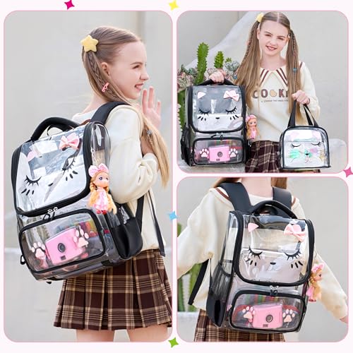 AO ALI VICTORY clear backpack Girls with Tote Bag Heavy Duty PVC Transparent Cute Backpack for Kids Toddler Preschool Bookbags Elementary School Bags See Through Casual Travel Daypack, Balck Set - color: Black Set