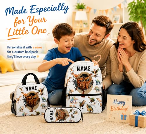 Boys Dinosaur Backpacks Custom Toddler Backpack with Lunch Box Set, 17 Inch Personalized Kids Bookbag for Preschool Kindergarten Elementary Dinosaur-Themed School Bag - color: White