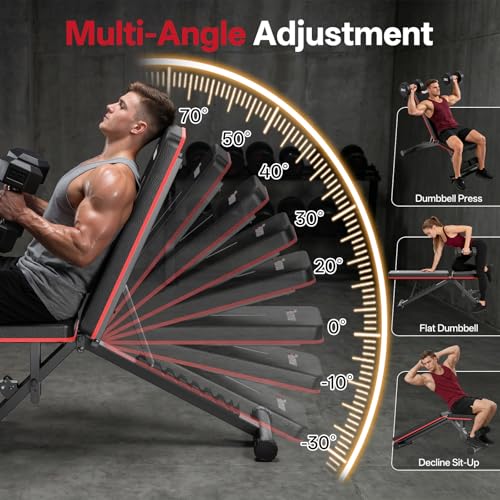 PASYOU Adjustable Weight Bench, 660LB Capacity Foldable Workout Bench, Incline Flat Bench Press for Home Gym, Dual-Frame Strength Training Bench, No Assembly Required, Wider Seat - color: Red