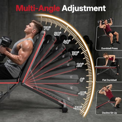 PASYOU Adjustable Weight Bench, 660LB Capacity Foldable Workout Bench, Incline Flat Bench Press for Home Gym, Dual-Frame Strength Training Bench, No Assembly Required, Wider Seat - color: Red
