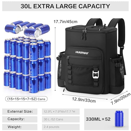 Hulongo Cooler Backpack, 30L Insulated Leakproof Soft Cooler Bag for 52 Cans, Lightweight Backpack for Beach, Picnic, Camping, Hiking, Fishing and Travel - color: Black
