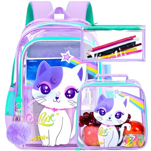UFNDC 3PCS Clear Backpack for Girls and Boys, Unicorn Cat Transparent Bookbag, See Through School Bag for Kids Elementary - color: Girls Uv Printing Cat Purple Clear Backpack