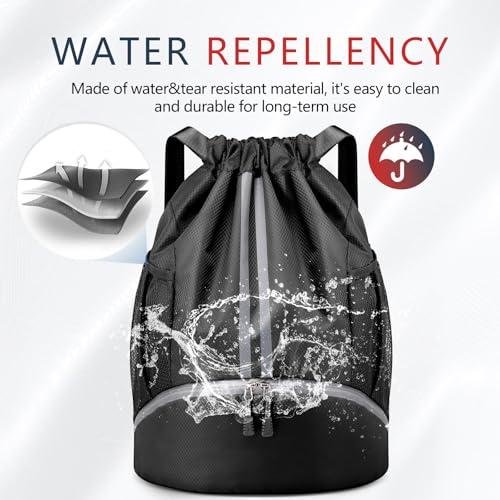PinCute Drawstring Backpack for Women Men, Gym Bag for Soccer, Basketball, Swim, Beach, Water-Resistant Sports Backpack with Wet Pocket and Shoe Compartment, Black - color: Black